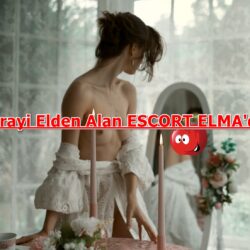 Topless woman at a vanity with candles and a floral arrangement, bold Turkish ad text across the image promising escort services: 'Parayı Elden Alan ESCORT ELMA'da'.